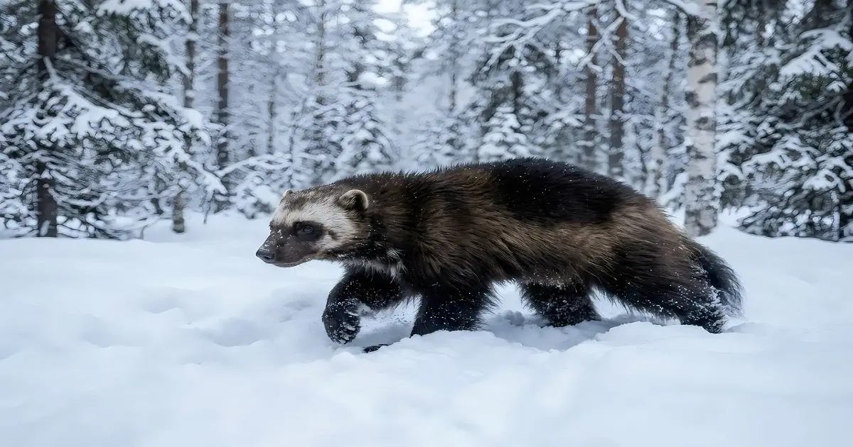 Wolverine walking in snowy boreal forest among coniferous trees