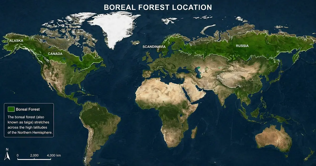 World map showing boreal forest distribution across northern hemisphere regions