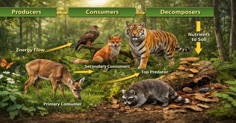 Forest food chain diagram showing plants, animals, and decomposers