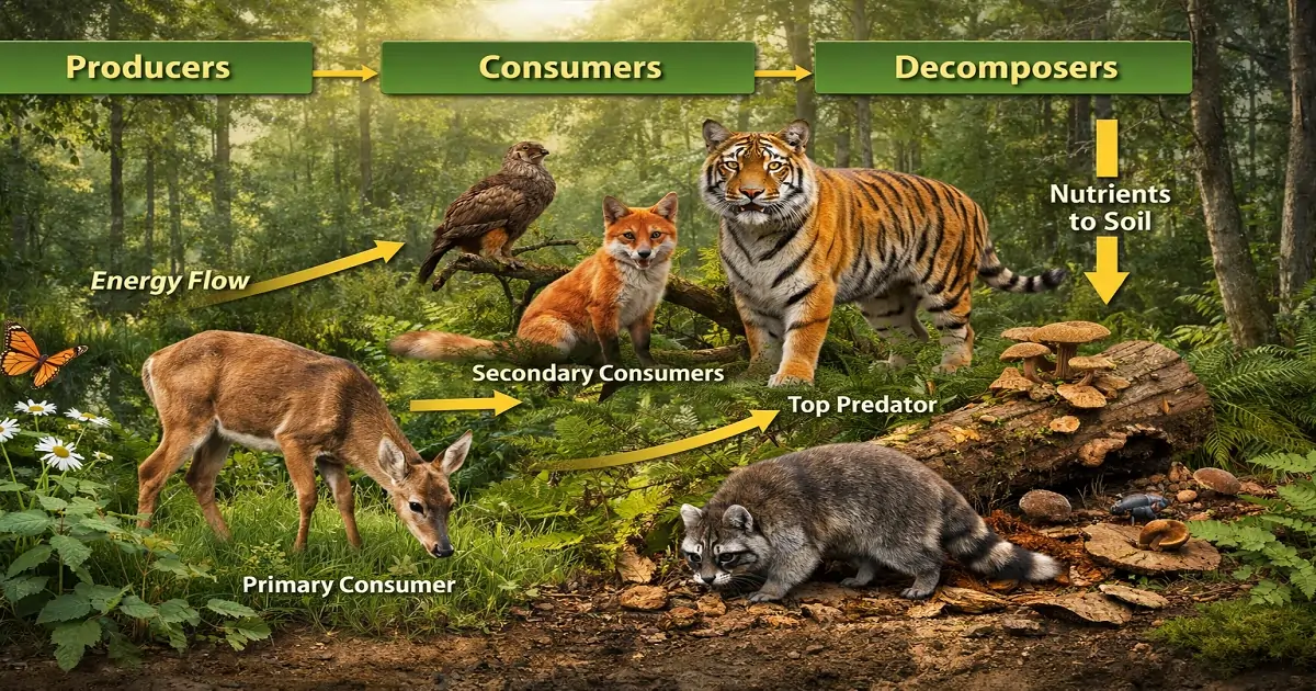 Forest food chain diagram showing plants, animals, and decomposers
