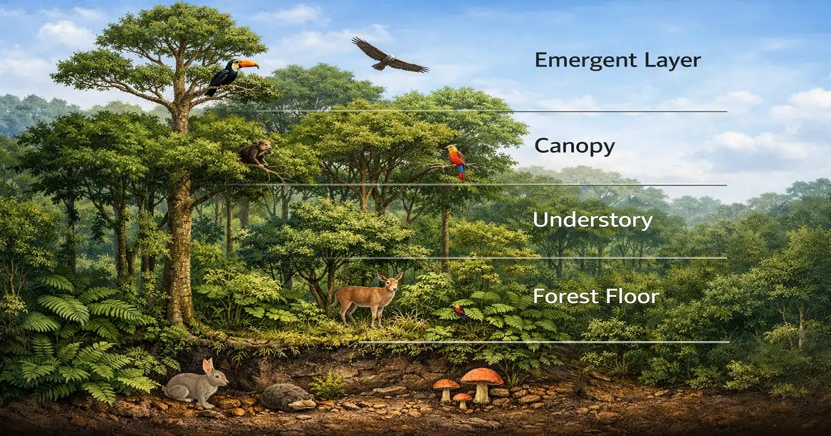 Forest layers showing emergent canopy understory and forest floor in a natural landscape