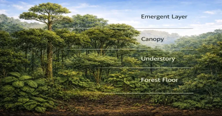 Forest layers showing emergent canopy understory and forest floor with plants and animals