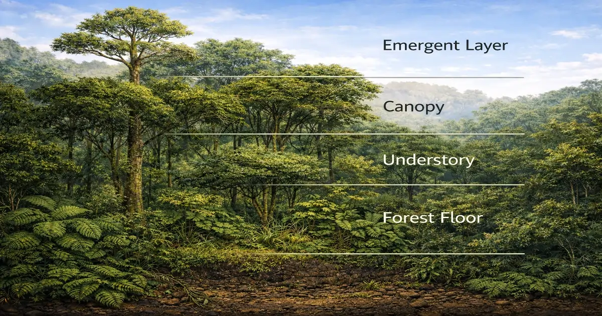 Forest layers showing emergent canopy understory and forest floor with plants and animals