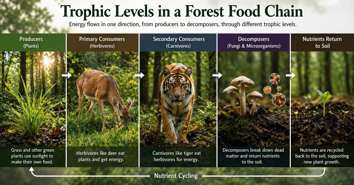 Trophic levels in forest food chain showing producers consumers and decomposers