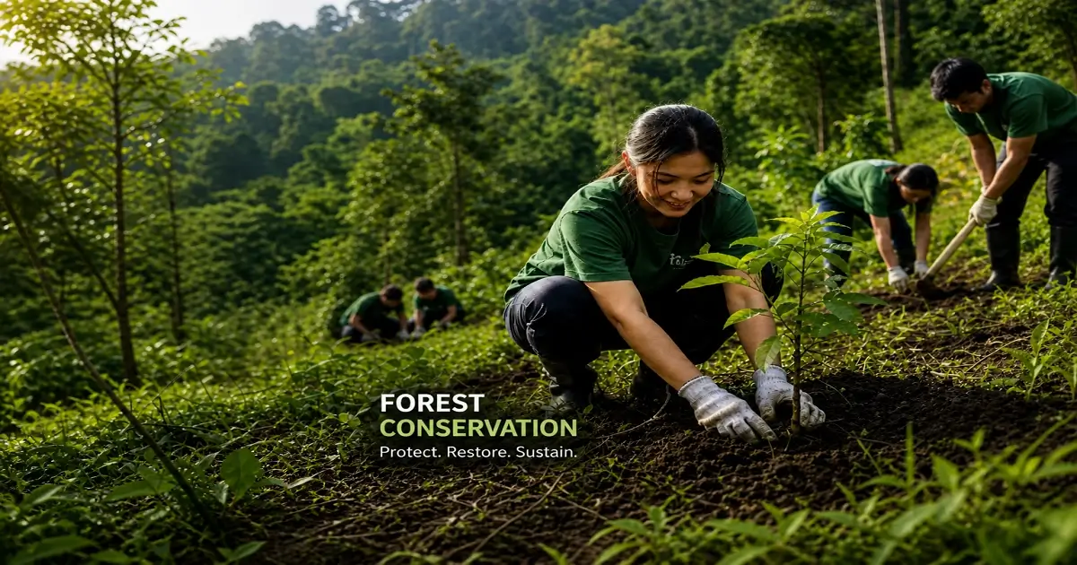 People planting trees in a forest to support conservation, restoration, and ecosystem balance
