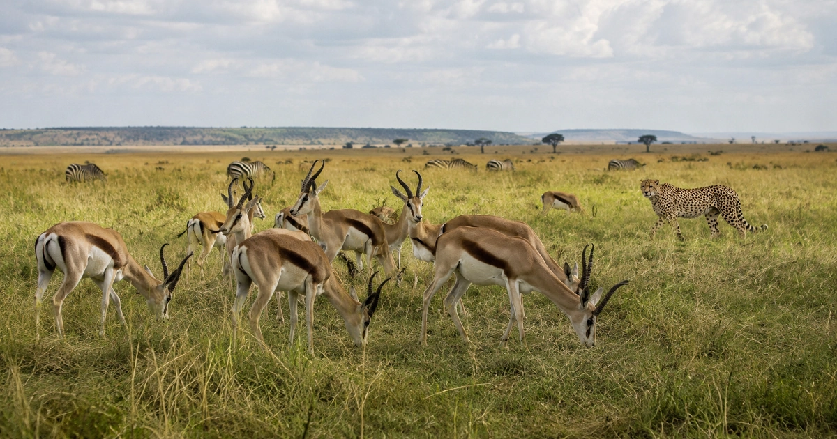 Grassland ecosystem showing herbivores and predators within natural trophic levels