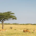 Savanna grassland ecosystem with grazing antelopes, open plains, and scattered acacia trees