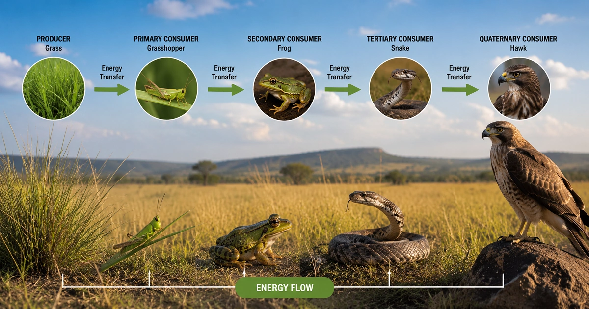 Grassland food chain showing energy flow through producers and consumers naturally