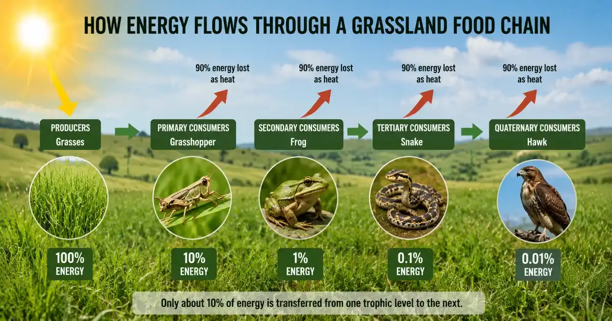 Grassland food chain energy flow showing trophic levels, energy loss, producers, and predators