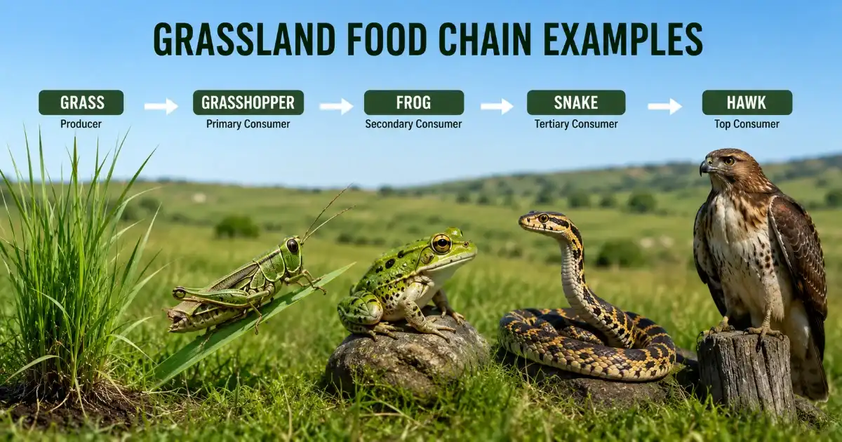 Grassland food chain examples showing trophic levels, predators, herbivores, and energy flow