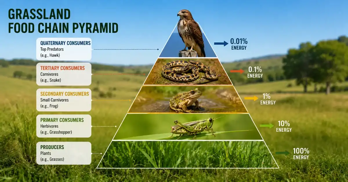 Grassland food chain pyramid showing trophic levels, energy flow, predators, and producers