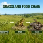 Grassland food chain showing trophic levels, energy flow, producers, herbivores, and predators