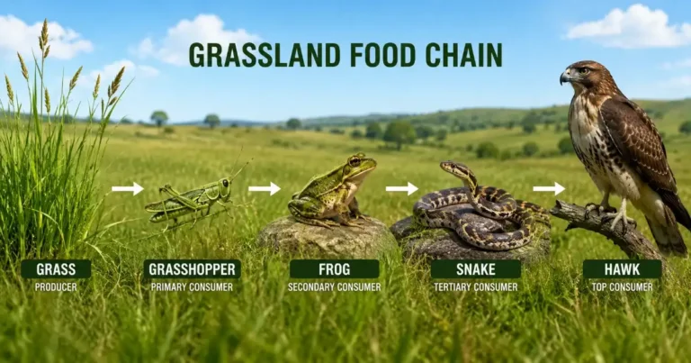 Grassland food chain showing trophic levels, energy flow, producers, herbivores, and predators