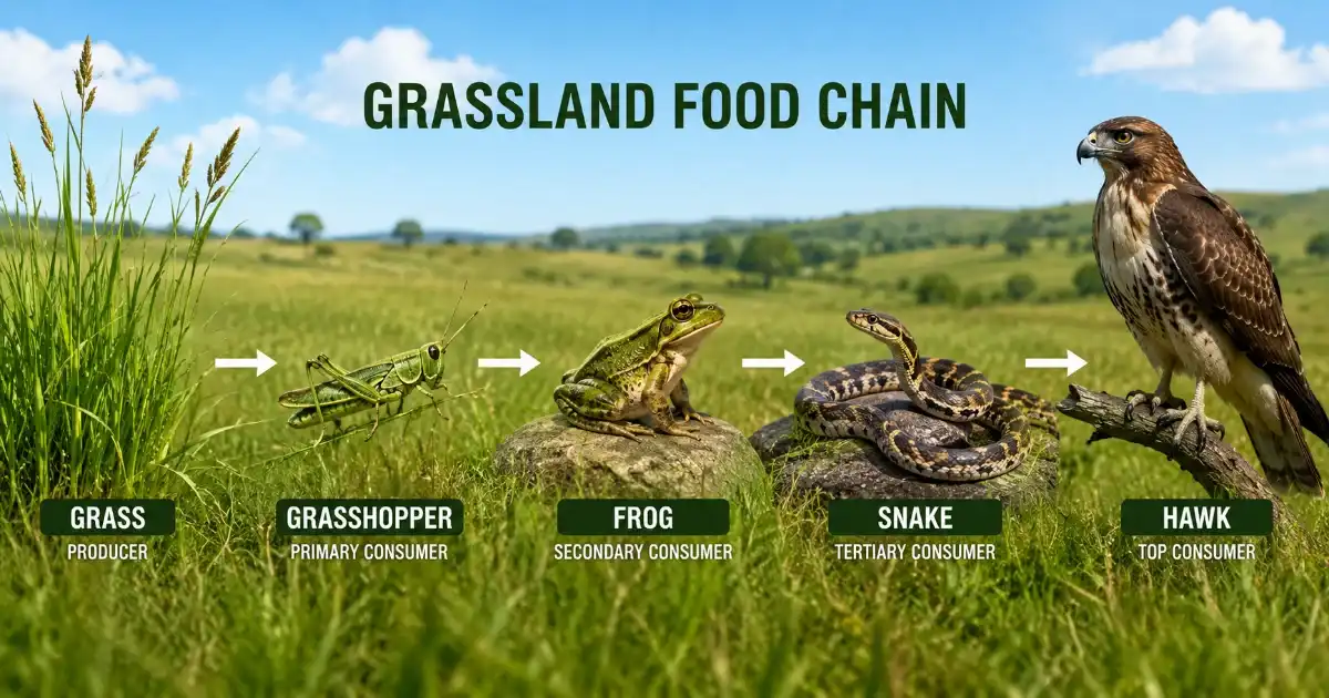 Grassland food chain showing trophic levels, energy flow, producers, herbivores, and predators