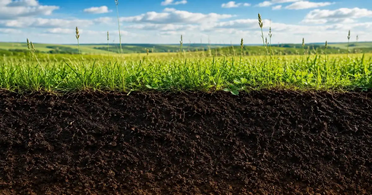 Dark fertile grassland topsoil showing humus-rich soil, deep roots, and healthy vegetation