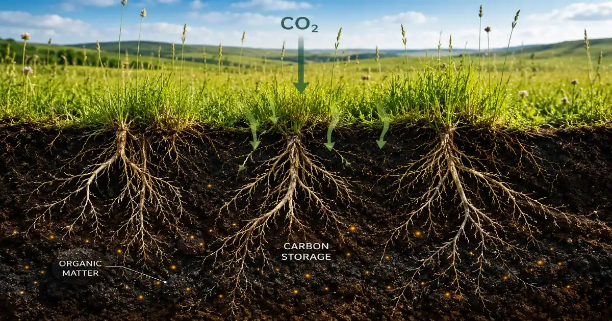 Grassland soil carbon storage showing deep roots, organic matter, and underground sequestration