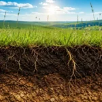 Grassland soil cross section showing deep roots, dark topsoil, and fertile underground layers