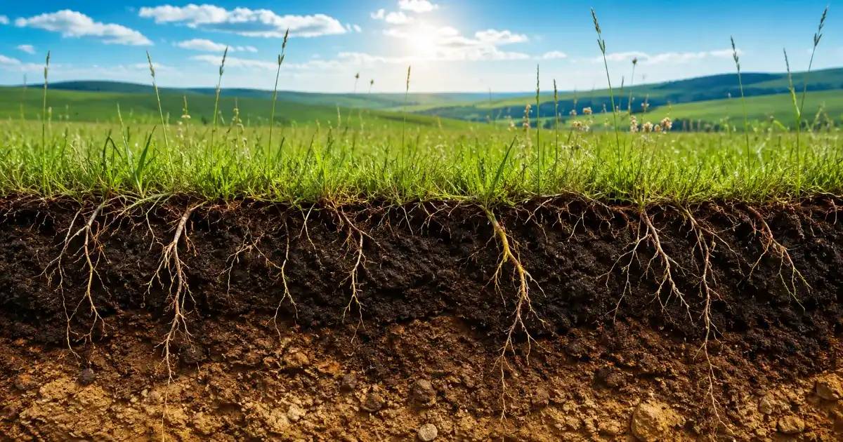 Grassland soil cross section showing deep roots, dark topsoil, and fertile underground layers