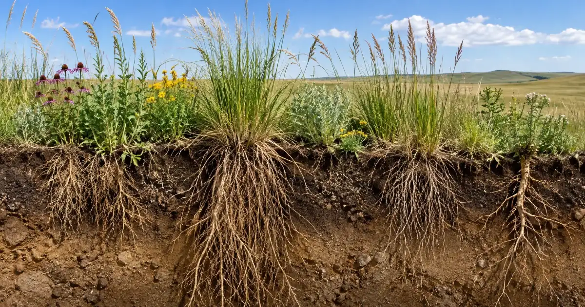 Grassland plants with deep and extensive roots adapted to environmental stress