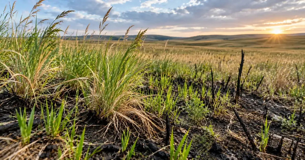Grassland plants regrowing among burned vegetation after a fire
