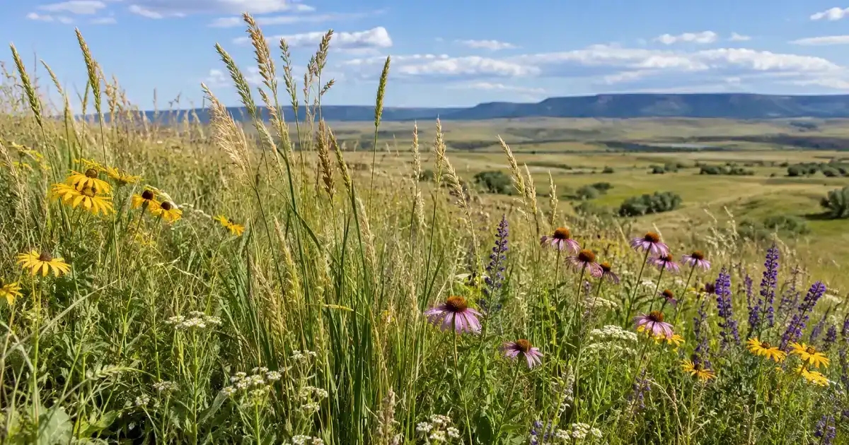 Native grasses and wildflowers growing in a temperate grassland