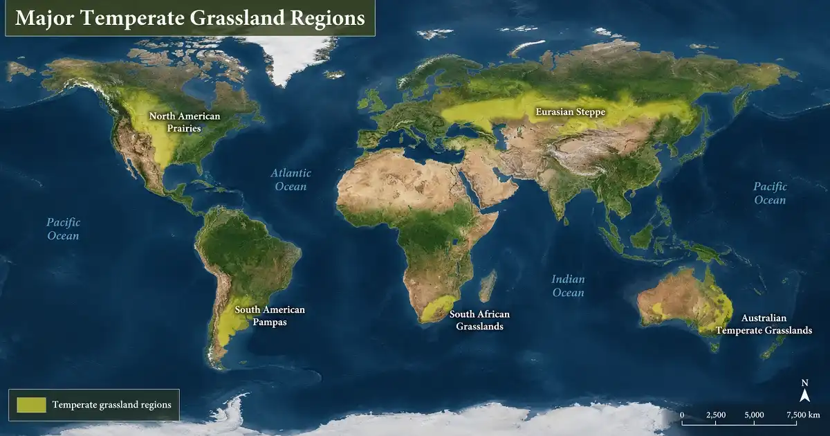 World map showing major temperate grassland regions across several continents
