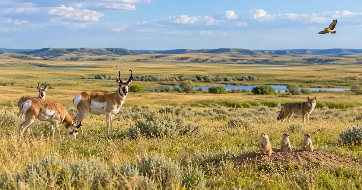 Pronghorns, coyote, prairie dogs, and hawk in a temperate grassland
