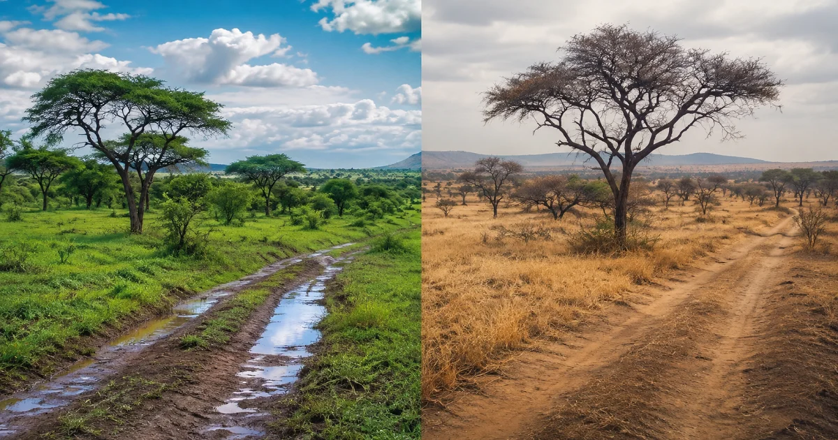 Tropical grassland in wet and dry seasons