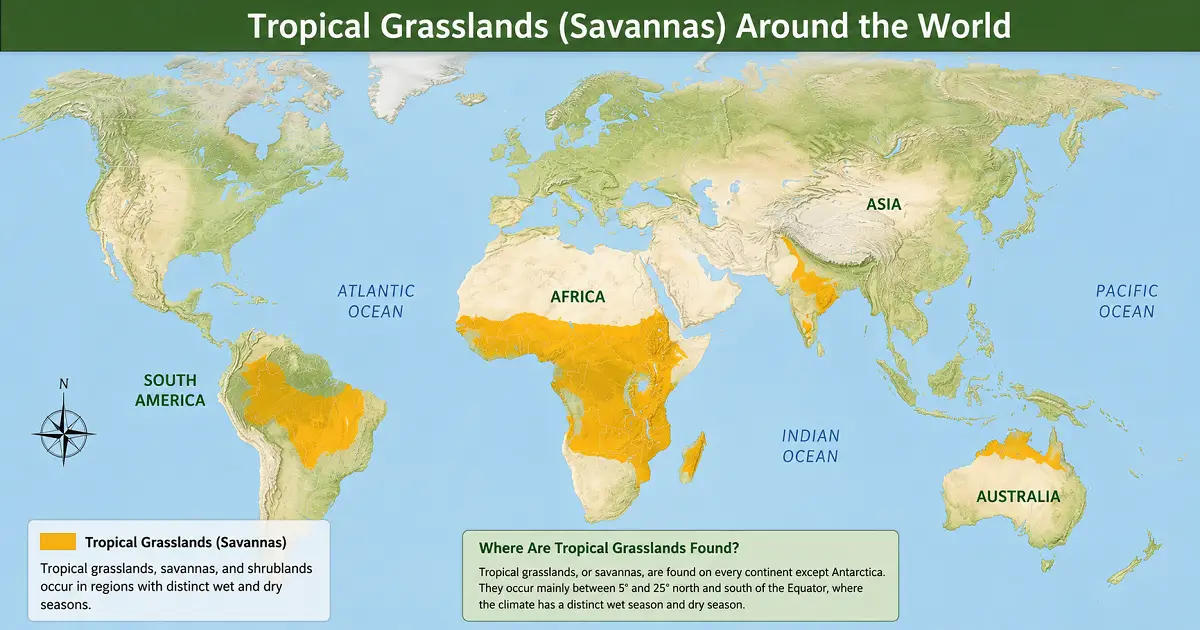 Map showing the global distribution of tropical grasslands