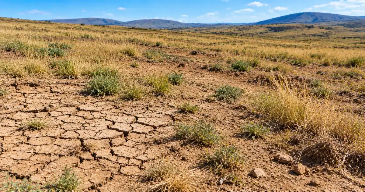 Cracked grassland soil with sparse vegetation and patches of bare ground