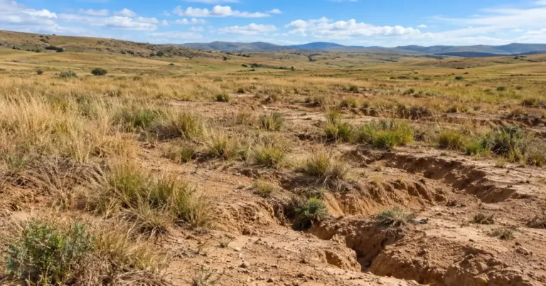 Degraded grassland with sparse vegetation and exposed, eroded soil