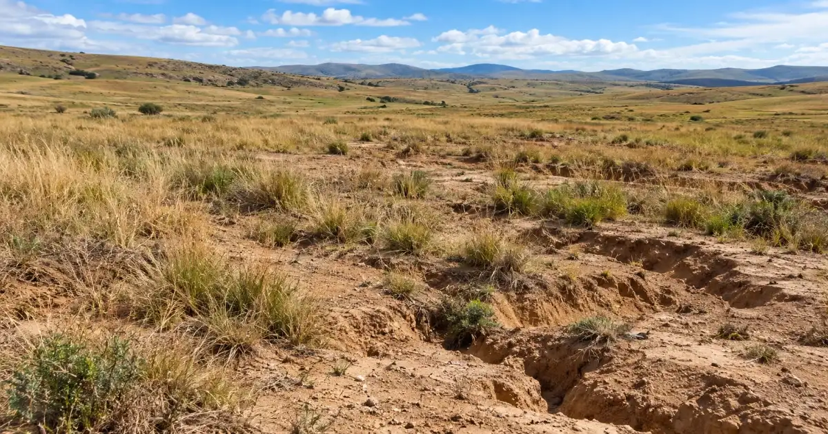 Degraded grassland with sparse vegetation and exposed, eroded soil