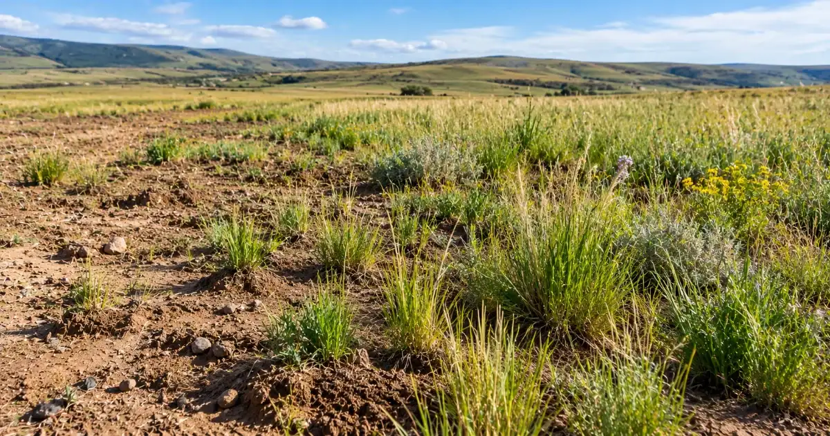 Native grasses and wildflowers growing among patches of bare soil in a recovering grassland