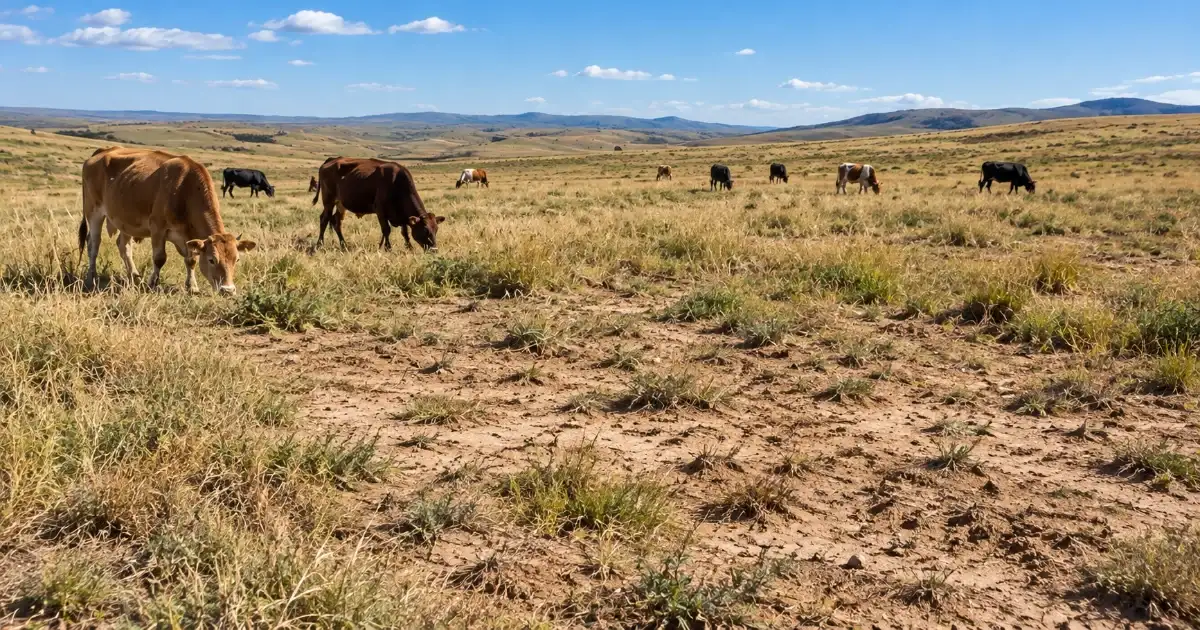 Cattle grazing on grassland with sparse vegetation and exposed soil